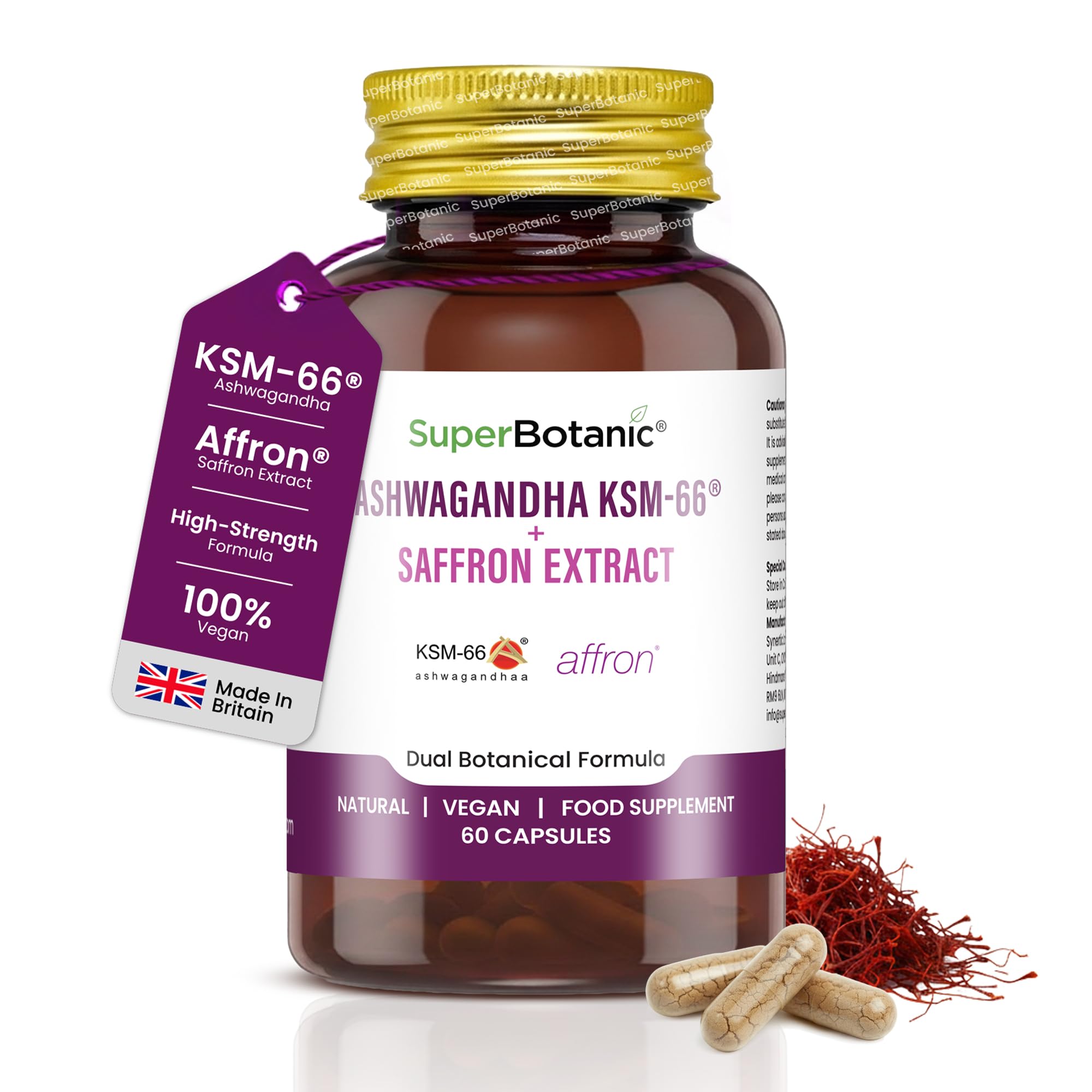 Ashwagandha & Saffron Capsules – 60 Capsules Ashwagandha KSM-66® with Affron Saffron Extract, High Strength Dual-Action Formula for Stress, Sleep & Mood Focus