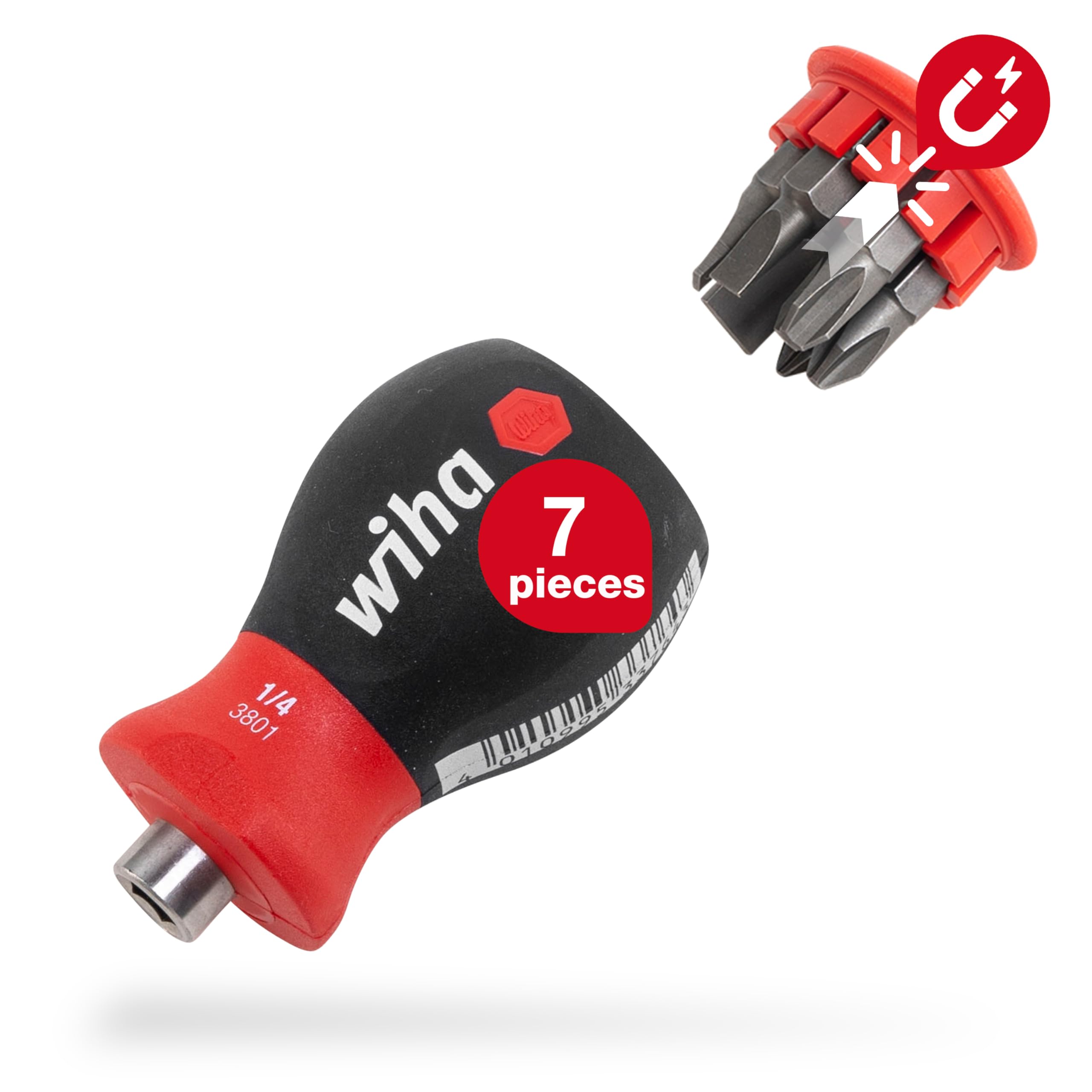Wiha Stubby Screwdriver with Bit Magazine Magnetic (33736) I Slotted Cross I with 6 Bits, 1/4 Inch
