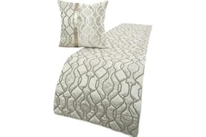 The HomeCentric King/Queen/Twin Ivory & Silver Decorative Queen 74"x18" Bed Runner with Pillow Cover, Lattice & Quilted Bed Scarf on Jacquard Silk fabric - Ivory Delicacy