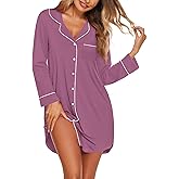 Ekouaer Nightgowns for Women Long Sleeve Nightshirt Button Down Sleepshirt Nightdress Boyfriend Sleepwear S-XXXL