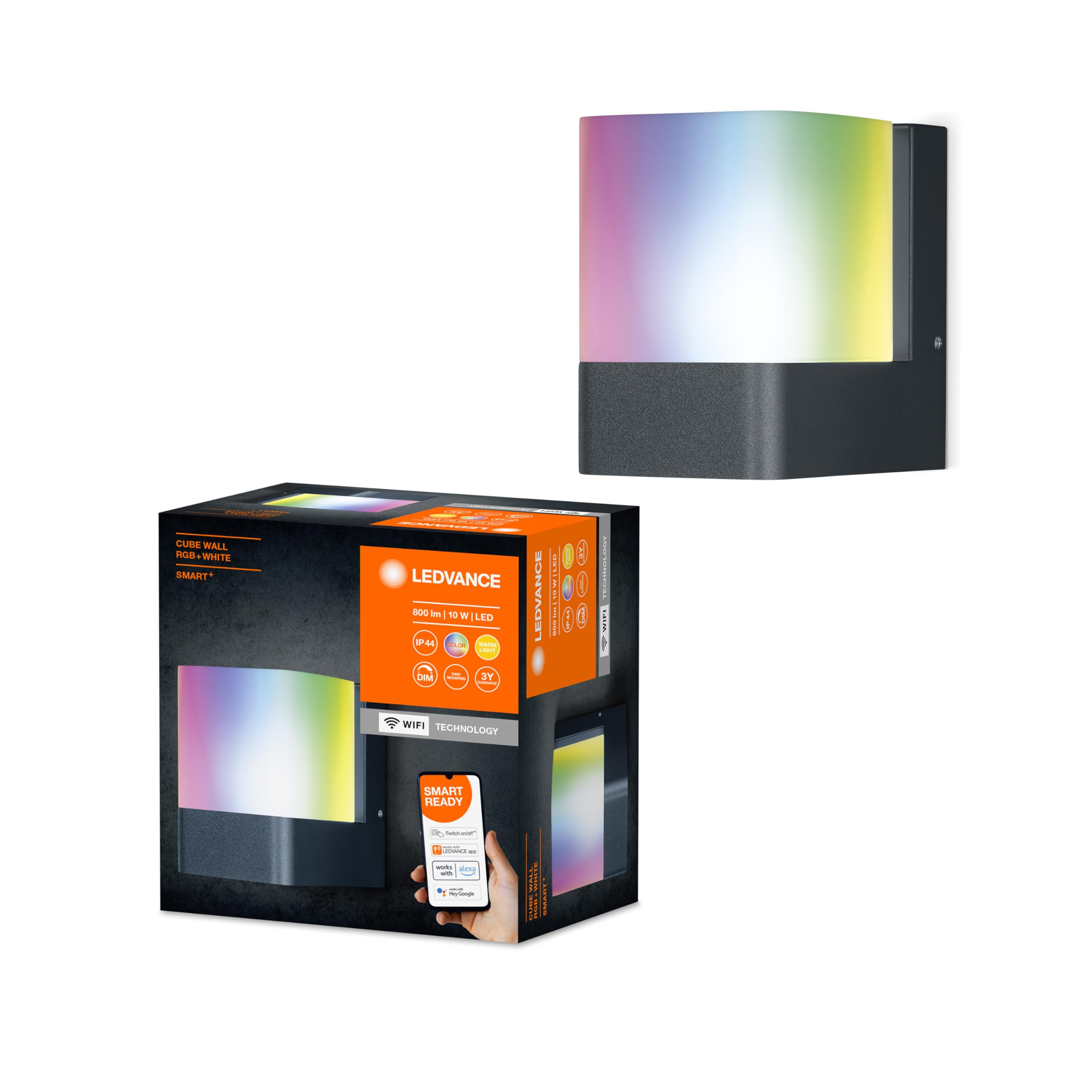 LEDVANCE Smart LEDOutdoor Luminaire for The Wall with WiFi Technology for Outside, RGB Colors Changeable, Made of Dark Gray Aluminum, Compatible with Google and Alexa, Smart+ WiFi Cube Wall