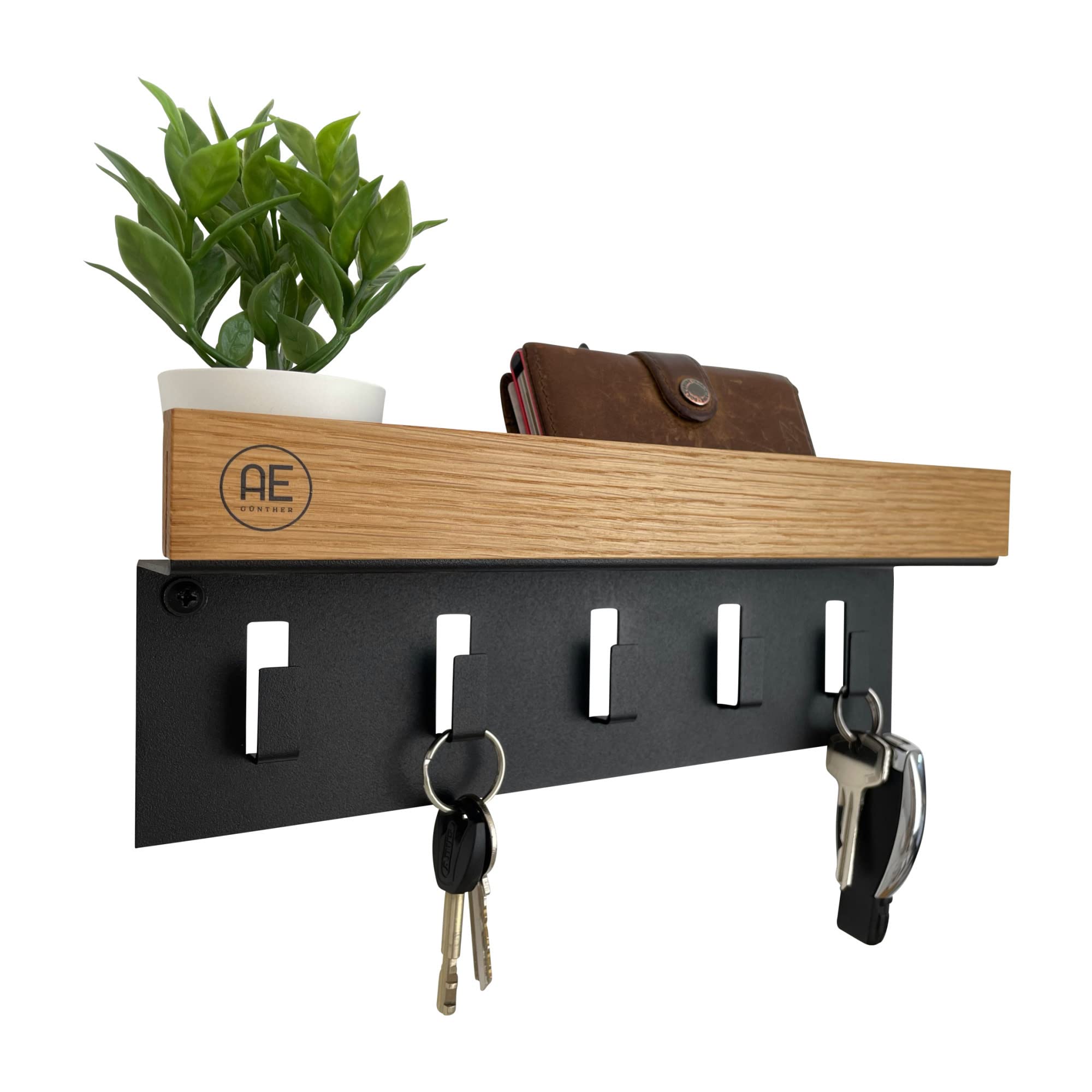 AE Günther Oak Wood Key Holder, Black, Wall Mount, 7 Hooks, Handmade in EU
