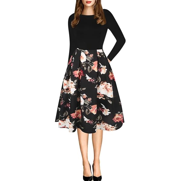 Oxiuly Women’s Vintage Patchwork Dress – Swing Style With Pockets For Casual & Party Wear - View #3