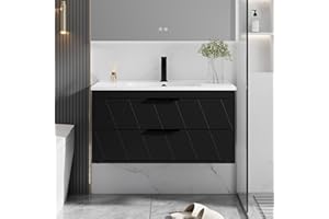 eclife 36" Bathroom Vanities Cabinet with Sink Combo, Wall Mounted Floating Cabinet W/Decor Line, Soft-Close System, 2 Extra Big Drawers, Matte Black Faucet, Black