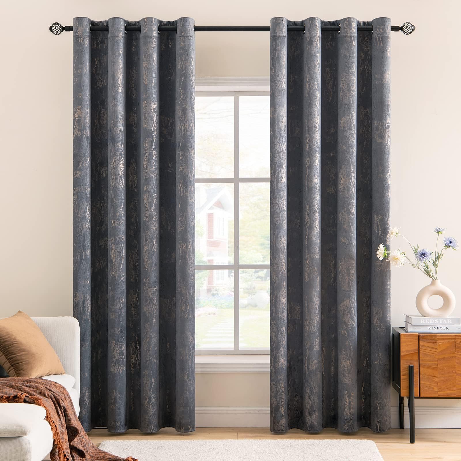 MIULEE Grey Velvet Curtains with Gold Foil,2 Panel Set 72 Inch Drop Curtains,Blackout Curtains Bedroom Super Soft Thermal Insulated Eyelet Blackout Curtains for Living Room 46 x 72 Inch — image 1
