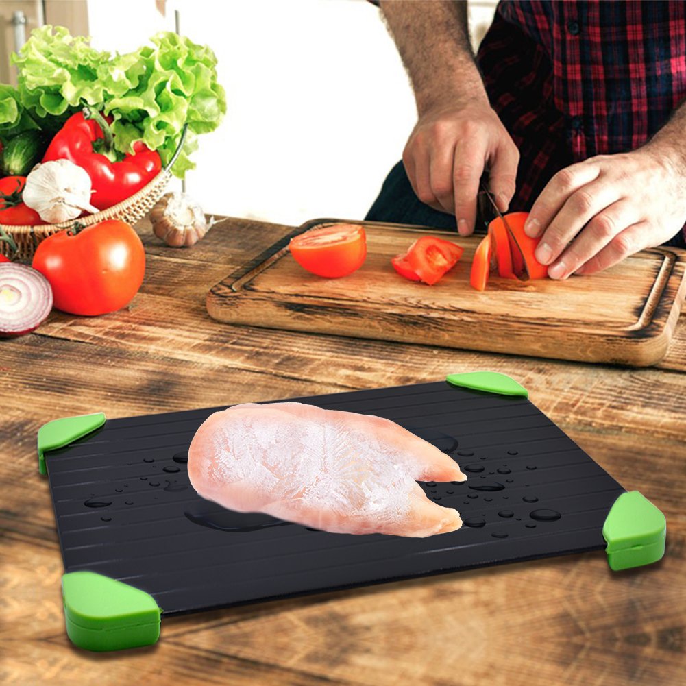 Rapid Defrosting Tray For Fast Thawing Meat Or Frozen Food-Safety, Economic, No Electricity, No Lost Food Flavors, With Green Silicone Border