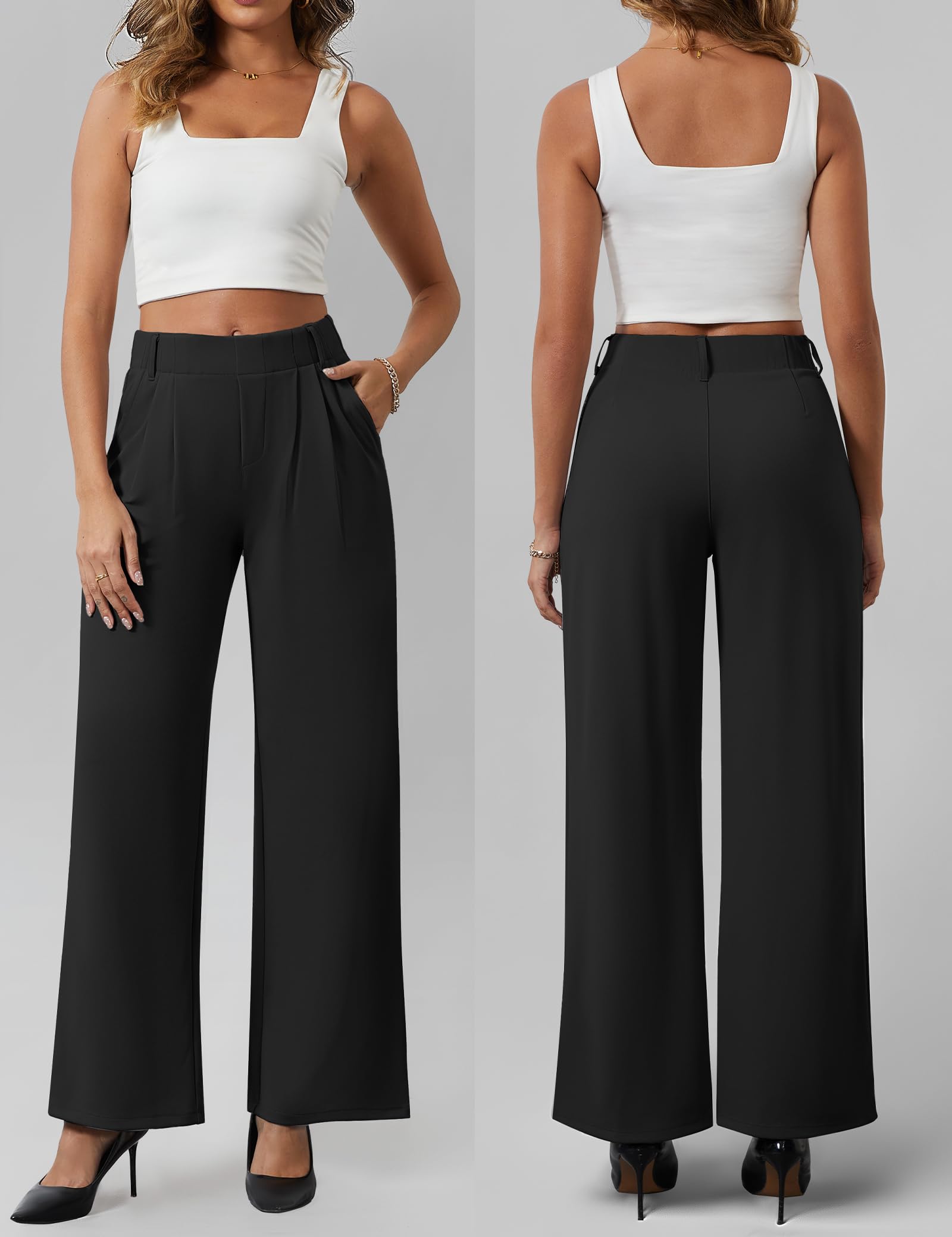 AVAMO Womens Dress Pants Wide Leg Pull On Stretchy Work Pants for Women with Pockets High Elastic Waist Office Business Black