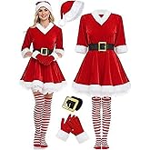 Zamaria 5 Pack Women Mrs Claus Christmas Costume Set Velvet Dress with Belt Striped Over Knee High Socks Santa Hat Gloves