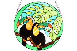 Bieye W10070 Pair of Toucans in The Swiss Cheese Plant Tiffany Style Stained Glass Window Panel, Round Shape, 16 inches Wide