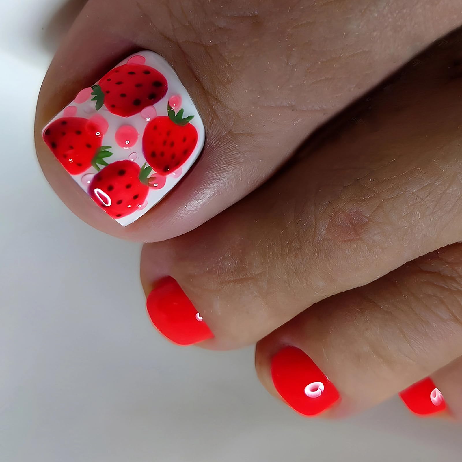 Photo 1 of MISUD Press on Nails - Toe Glue on Nails with Red, Acrylic Toenails Strawberry Design 24 pcs