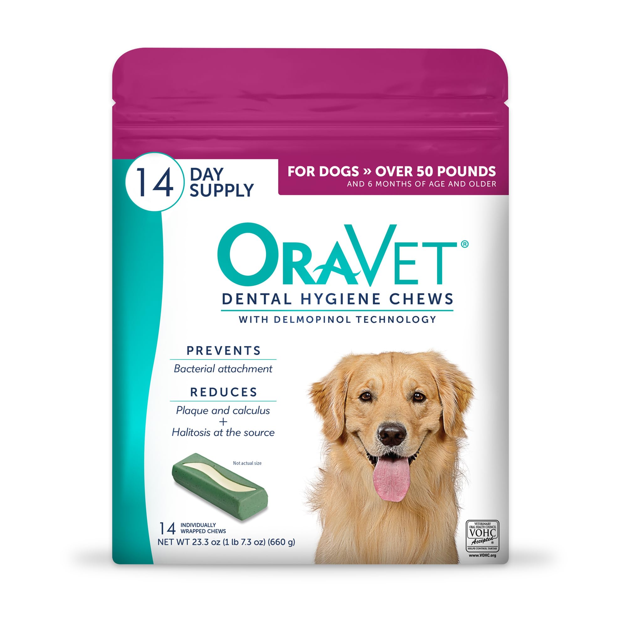 Photo 1 of ORAVET Dental Chews for Dogs, Oral Care and Hygiene Chews (Large Dogs, Over 50 lbs.) Pink Pouch, 14 Count