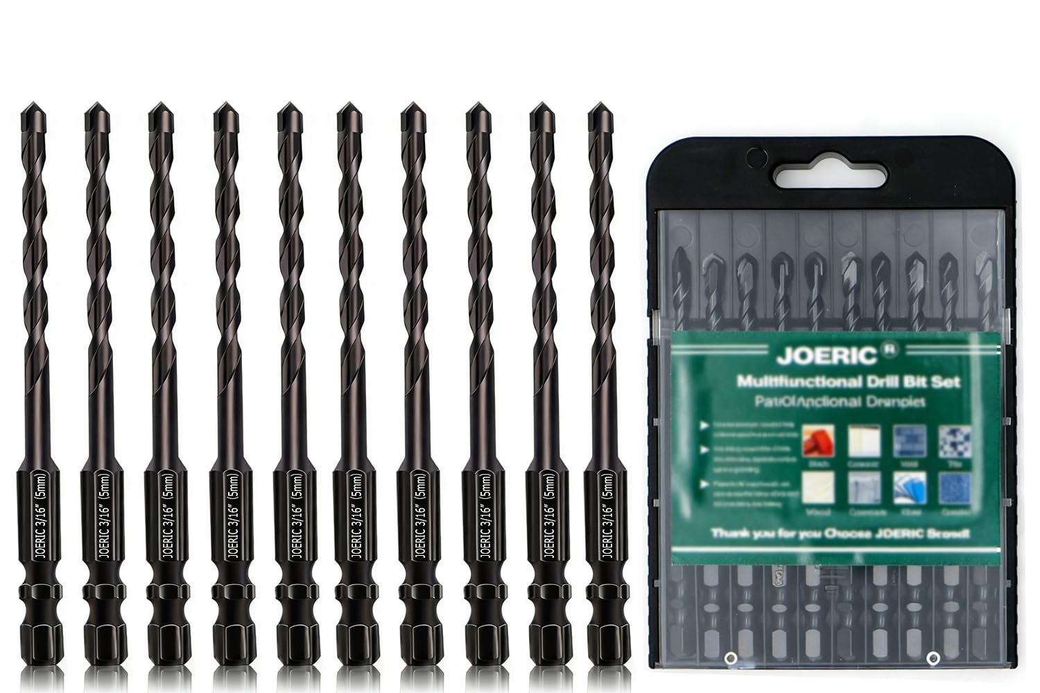 JOERIC 5mm Masonry Drill Bit Set 10PC Concrete Drill Bit Set- Ceramic Brick Drill Bit Industrial Cemented Carbide Tip YG6X, Hex Shank for Glass, Soft Ceramic Tile, Mirror, Plastic.