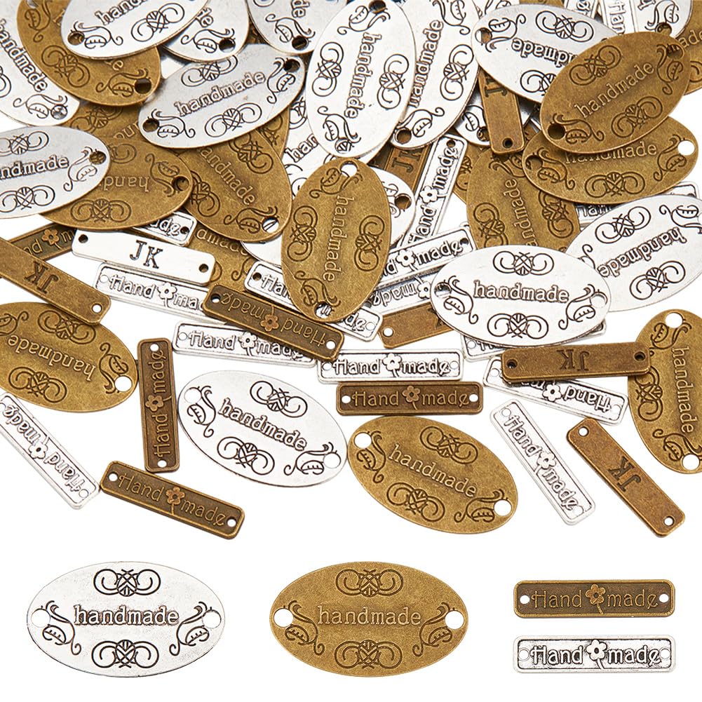PH PandaHall 88pcs 2 Shapes Handmade Metal Tags, Tibetan Alloy Handmade Labels Pendant Bead Charm Metal Label Tag Signs for DIY Crafts Jewellery Making Antique Bronze and Antique Silver
