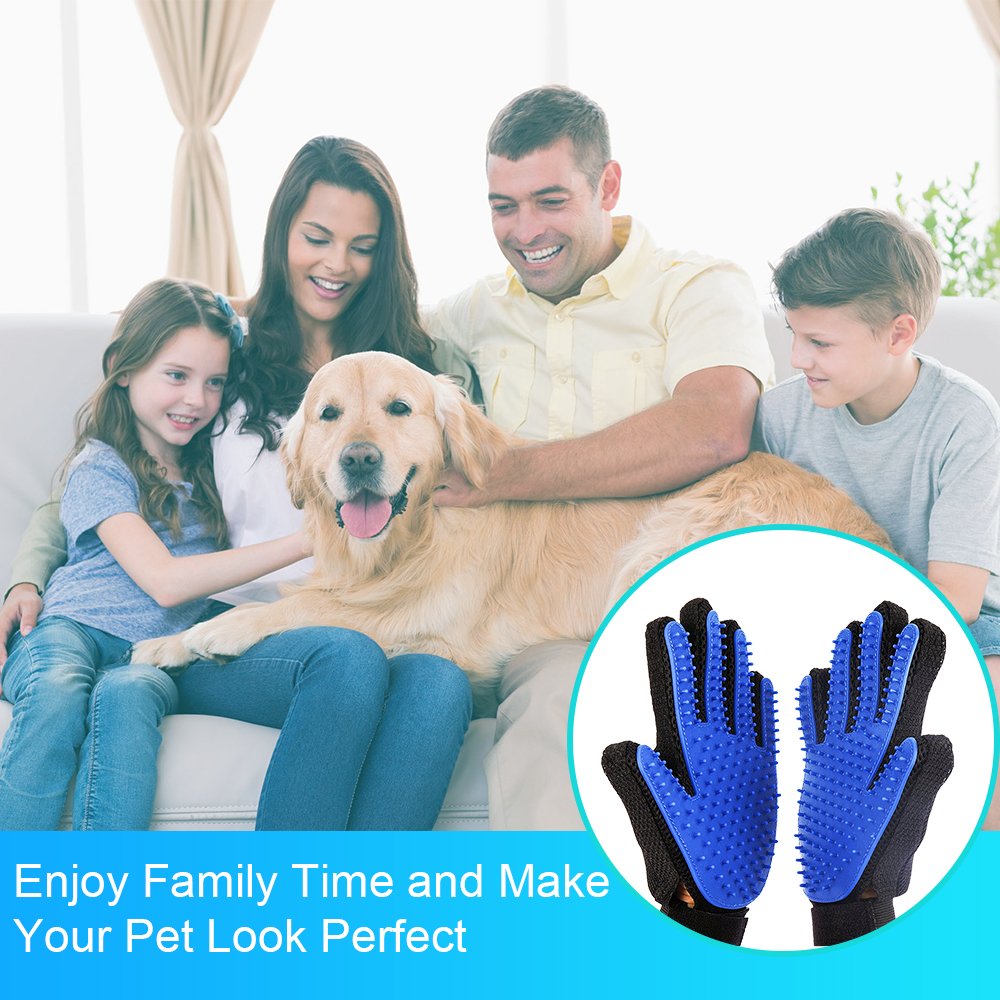 Blue Pet Glove Groomig comb Efficient Hair Remover Mitt Gentle Deshedding Brush Tool With Five Finger Design True Touuch Massage Bath gloves Perfect For Dogs and Cats with Long or Short Fur(One Pair)