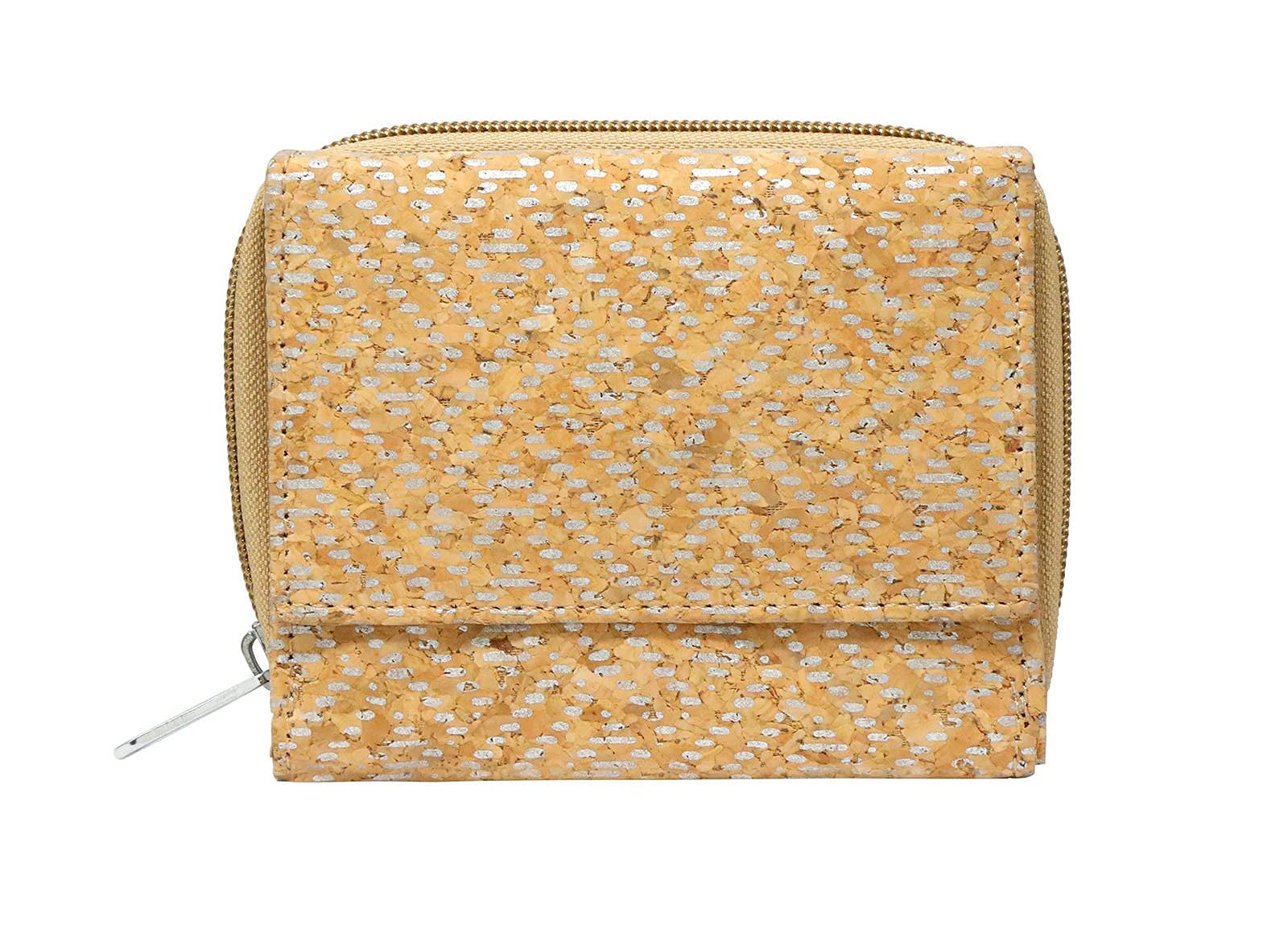 Hudson & James Ladies Designer Cork Vegan RFID Blocking Shield Compact Card Holder Wallet Purse Multi Card Women Clutch Wallet with Phone Pocket (Cork with Silver Pattern)