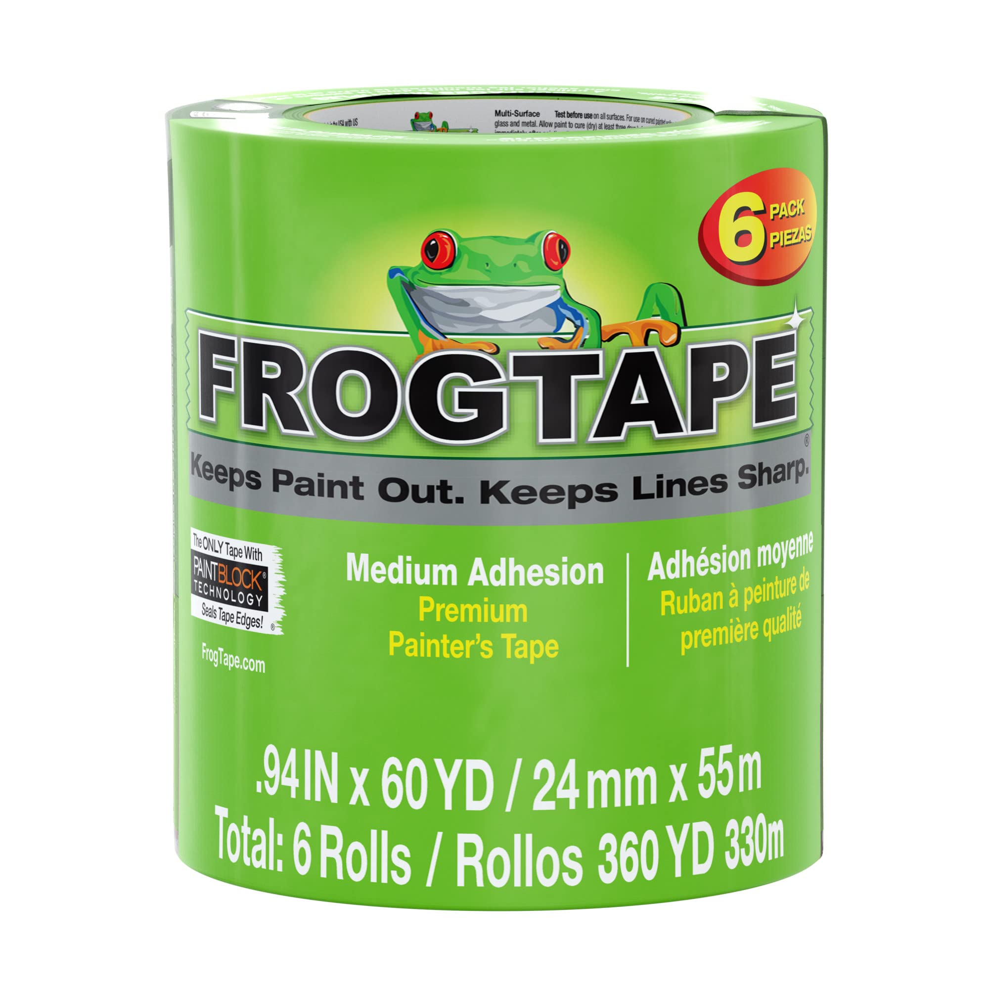 Frog Tape Multi-Surface Masking Tape for Painting 24mm x 55m, Decorators Tape, Painters Masking Tape for Indoor Painting & Decorating - Pack of 6