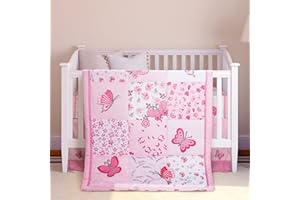 Tudomro 3 Pieces Butterfly Nursery Crib Bedding Set for Girls, Standard Size Bedding Sets with Comforter Fitted Sheet Crib Skirt(Pink)