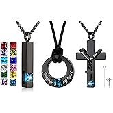 YOUFENG 3 Pieces Cremation Urn Necklaces for Ashes Keepsake Cremation Jewelry Cross Round Bar Birthstone Crystal Stainless Steel Memorial Pendant for Women Men