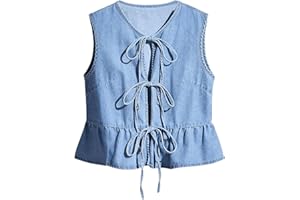 SHENHE Women's Y2k Tie Front Denim Vest V Neck Ruffle Hem Sleeveless Peplum Jean Top Shirt