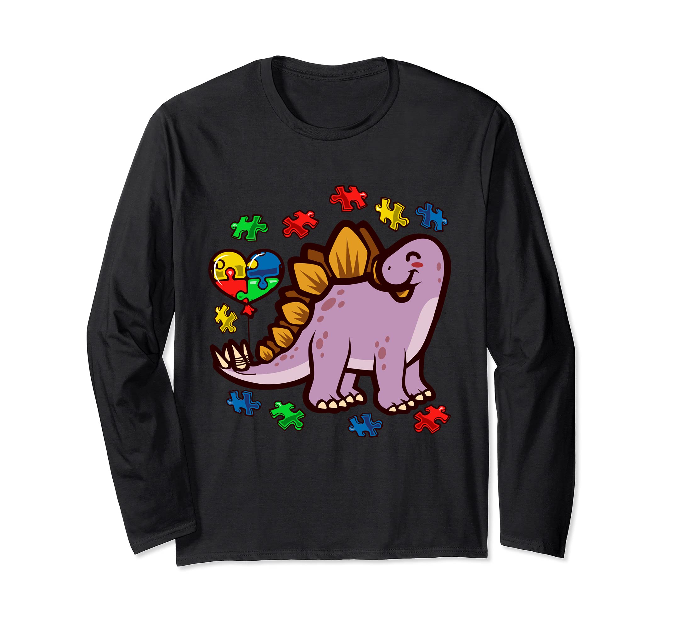 Autism Awareness Cute Stegosaurus Dinosaur Puzzle Heart Love Long Sleeve T-Shirt
