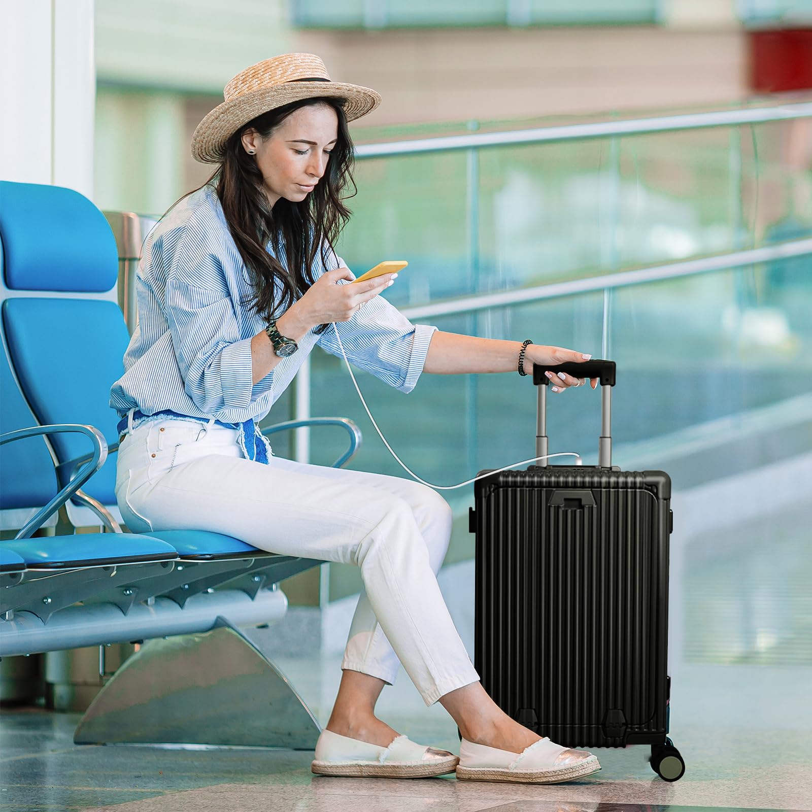 Carry On Luggage with Cup Holder and Usb Port, Aluminum Frame, Front Compartment, TSA Lock, 22x14x9 Airline Approved Hardside Suitcase with Spinner Wheels(Black, 20-lnch)
