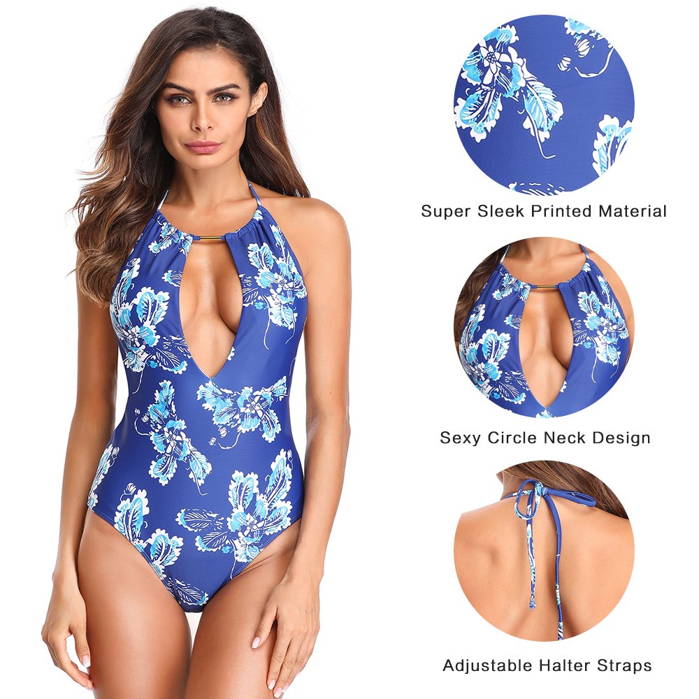 MarinaVida Women One Piece Swimsuit Halter Deep V Neck Bathing Suit
