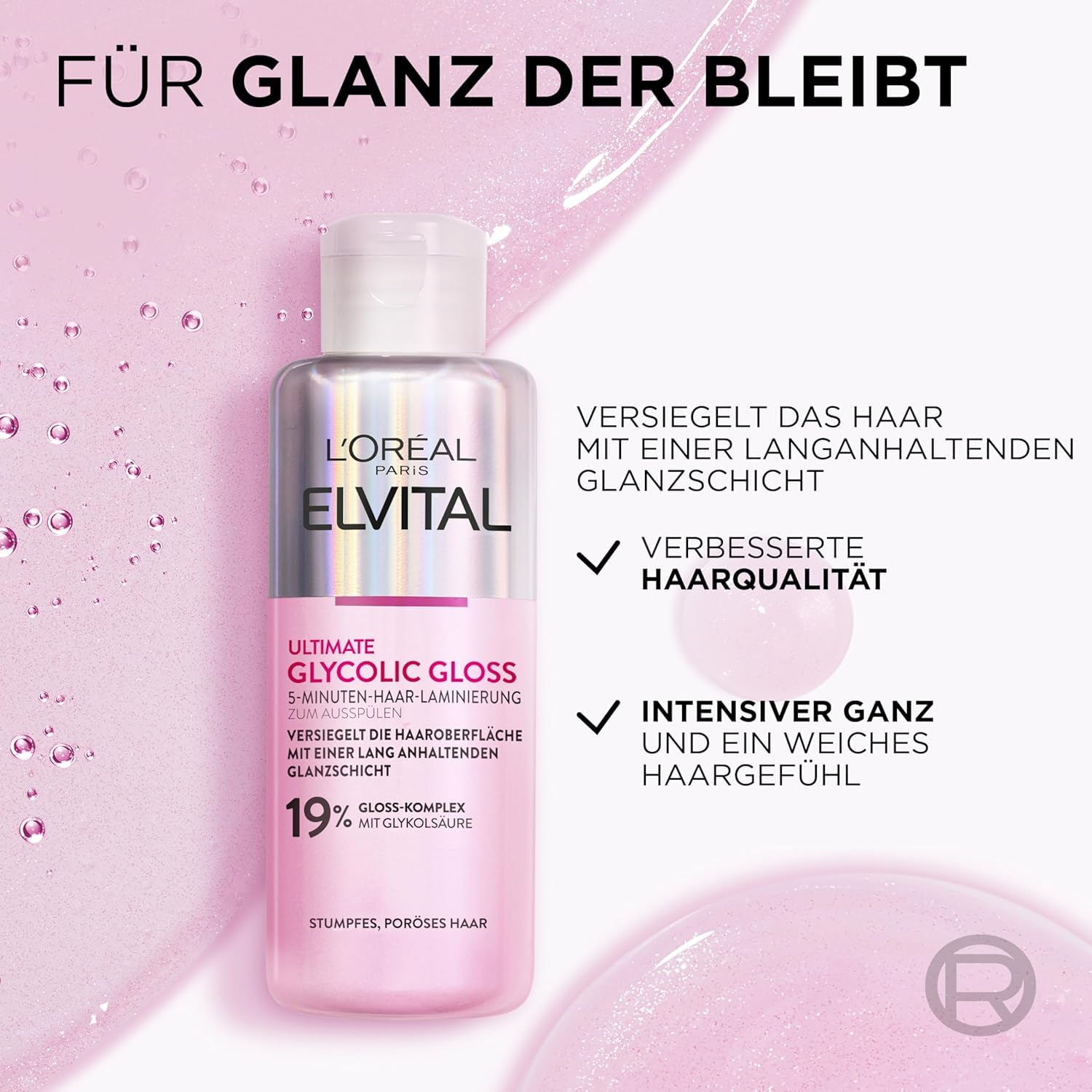 L'Oréal Paris Elvital Glycolic Gloss Bundle mit Shampoo, Spülung, 5 Minuten Haar-Laminierung für glanzloses Haar, Pflegeroutine für gesunde Haare und starken Glanz, Set mit Glykolsäure, 3-teilig 5