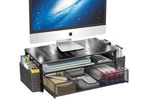 Computer Monitor Stand Riser, 2-Tier Metal Desk Organizer with Drawer & 2 Pen Holders Storage for Desktop, Laptop Stand, Offi