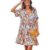 CUPSHE Women's Mini Dress V Neck Tropical Short Sleeve Loose Fit Ruffled Short Summer Beach Dress