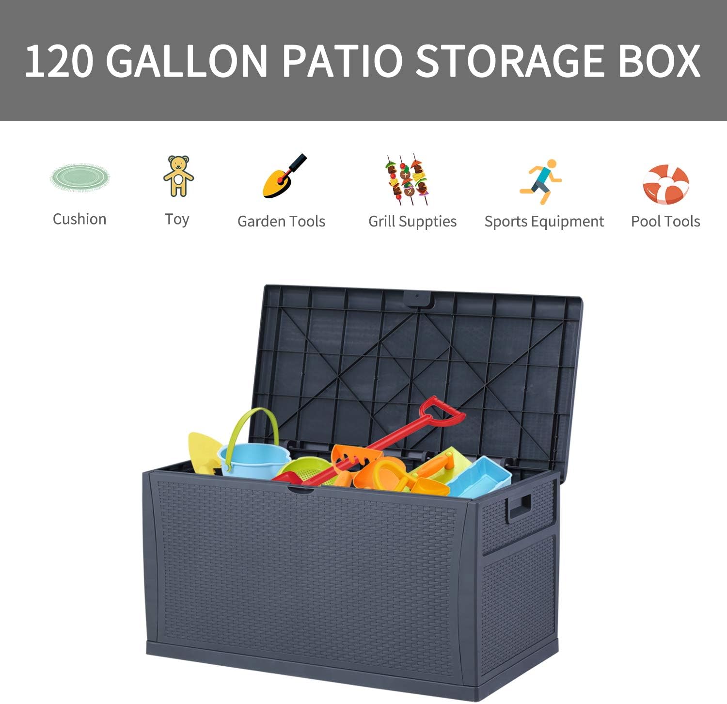 120 Gallon Patio Stroage Deck Box Waterproof Plastic Outdoor Storage Container for Patio Furniture Cushions,Pool Toys,Garden Tools: Home Improvement