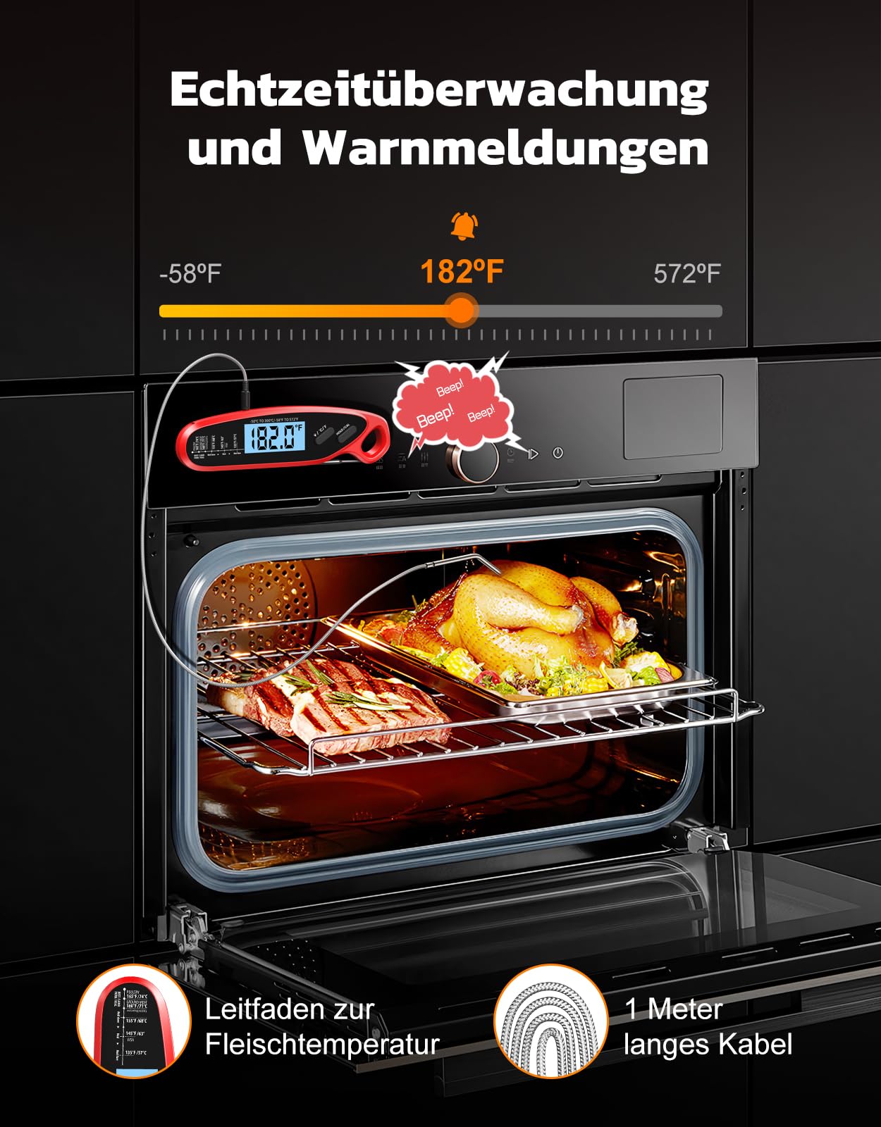 Babacom Fleischthermometer Sofortanzeige mit zwei Sonden & großem Bildschirm, Bratenthermometer mit Alarmeinstellung und Kalibrierung, Grillthermometer für Küche, Ofen, Zucker, Flüssigkeiten, BBQ 2