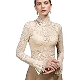 METWAY Lace Top for Women Long Sleeve Lace Shirt Sheer Turtleneck Ruffle Floral Mesh Undershirt Going Out Sexy Blouse