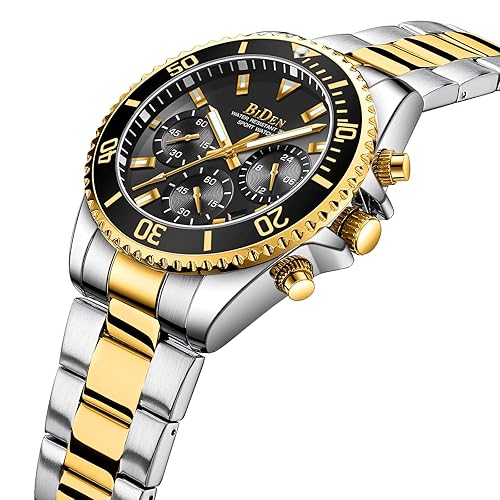 BIDEN Mens Watches Chronograph Diamond Gold Stainless Steel