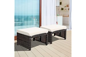 ORALNER Outdoor Ottoman, Set of 2 Wicker Footstools, All-Weather Rattan Foot Stools w/Removable Cushions, Patio Footrest Extra Seating for Porch, Poolside, Garden, Deck, Easy Assembly (Off White)