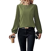 Samefar Womens Pleated Lantern Sleeve Lace Tops Dressy Casual Crewneck Fall Loose Fit Business Work Chiffon Blouses