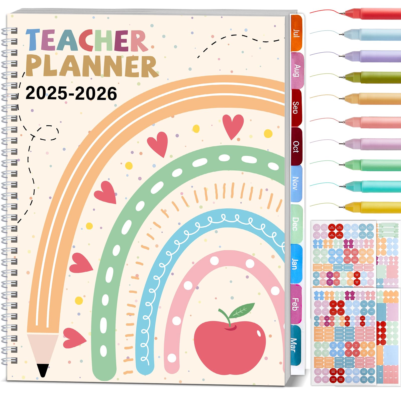 Photo 1 of 11PCS 2025-2026 Teacher Planner Notebook with 10 Pens&Section Lesson Plan Book Daily Weekly Monthly 8.5"x11" Classroom Organizer Spiral Bound Stickers, Dated Calendar, Page Tab(Pencil & Apple)
