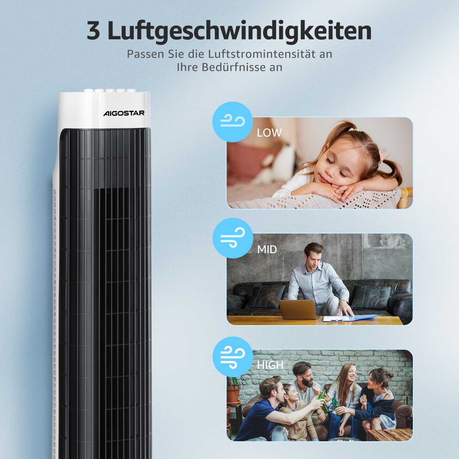 Aigostar Leise Turmventilator, 85° Oszillation, Energiesparender Säulenventilator mit Timer, bis 103.6m/min Tower Ventilator, 3 Geschwindigkeiten, 45W Tower Fan, Standventilator 76cm für Schlafzimmer 7