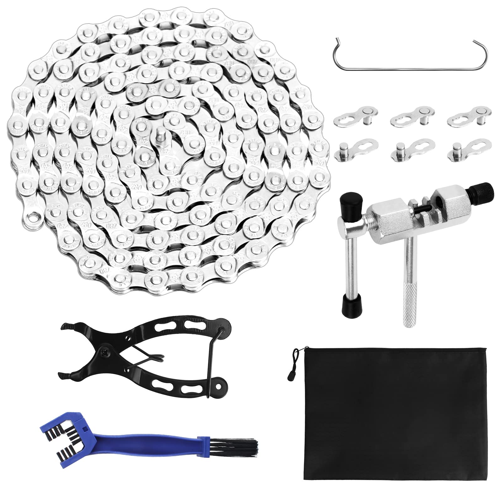 Boisbresil 6/7/8-Speed Bike Tool Set - 9PC Universal Bicycle Repair Kit, Chain Plier, Splitter, Brush, Storage Bag, 116 Links Chain for Road & Mountain Bikes