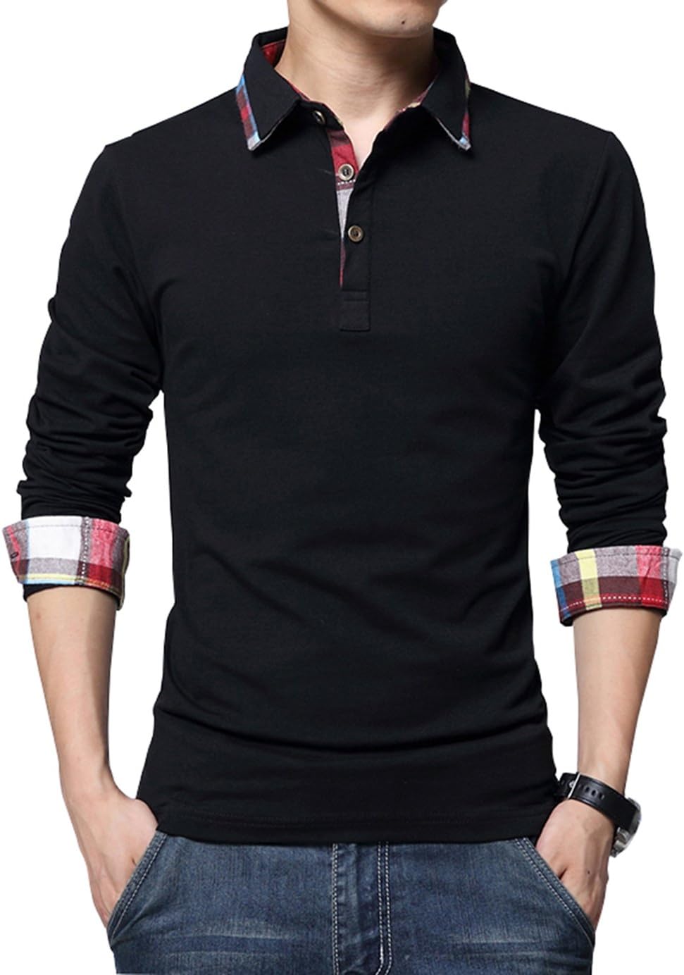 Men's Casual Solid Stripe Long Sleeve Slim Fit Polo Cotton T Shirt
