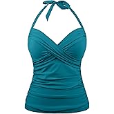 Women's Tummy Control Tankini Tops Only Halter Underwire Swimsuits for Big Bust Front Twist Retro V Neck Bathing Suit Tops