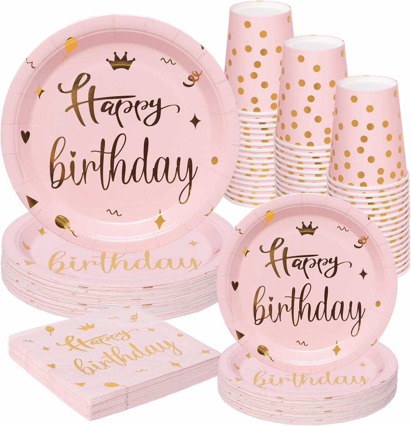 Rorchio Pink and Gold Happy Birthday Party Tableware, Pink Birthday