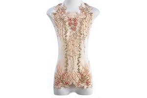 FixrWre Beaded Pearl Flower Fabric Lace Applique, Floral Embroidered Patches Handmade Sewing Tool for DIY Neckline Bodice Wedding Bridal Prom Dress(Apricot-Large)