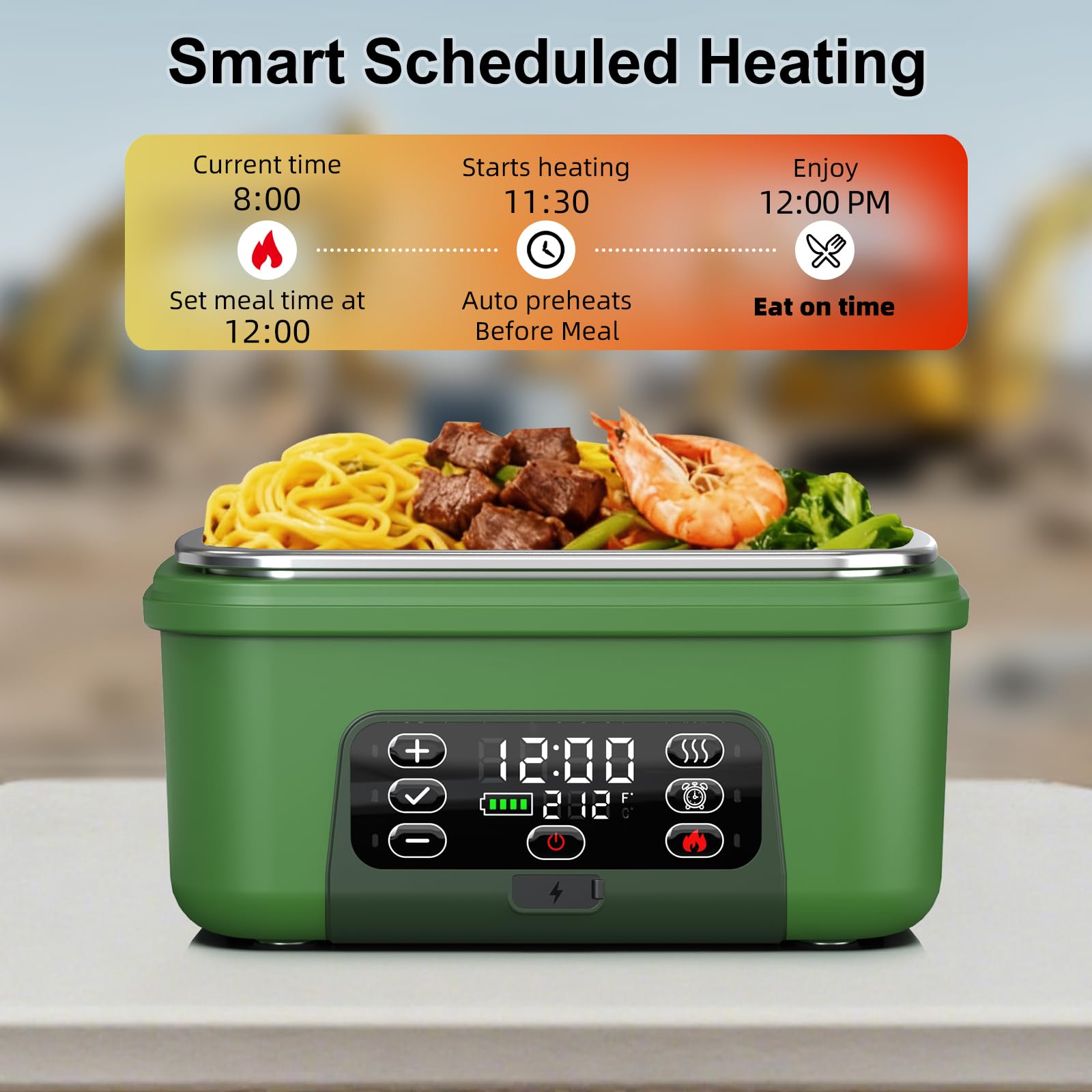 Condition photo showing As Is for omboos cordless electric heated lunch box, xl 6.3cups rechargeable food warmer lunch box with self h