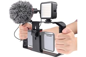 FocusFoto PRO U-Rig Smartphone Video Camera Cage Mount Holder Stabilizer Handle Grip with BOYA by-MM1 Microphone Mic+ 49 LED Light+ Mini Tripod Kit for Mobile Phone iPhone Filmmaking Videomaker