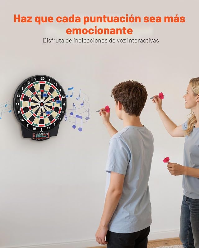 Tabuleiro de Dardos Eletrónico 393 mm, com 43 Jogos e mais de 320 Variações para até 8 Jogadores, 6 Dardos com Penas e 50 Ponteiras de Substituição, Marcador LCD a Cores, para Diversão em Casa e Festas