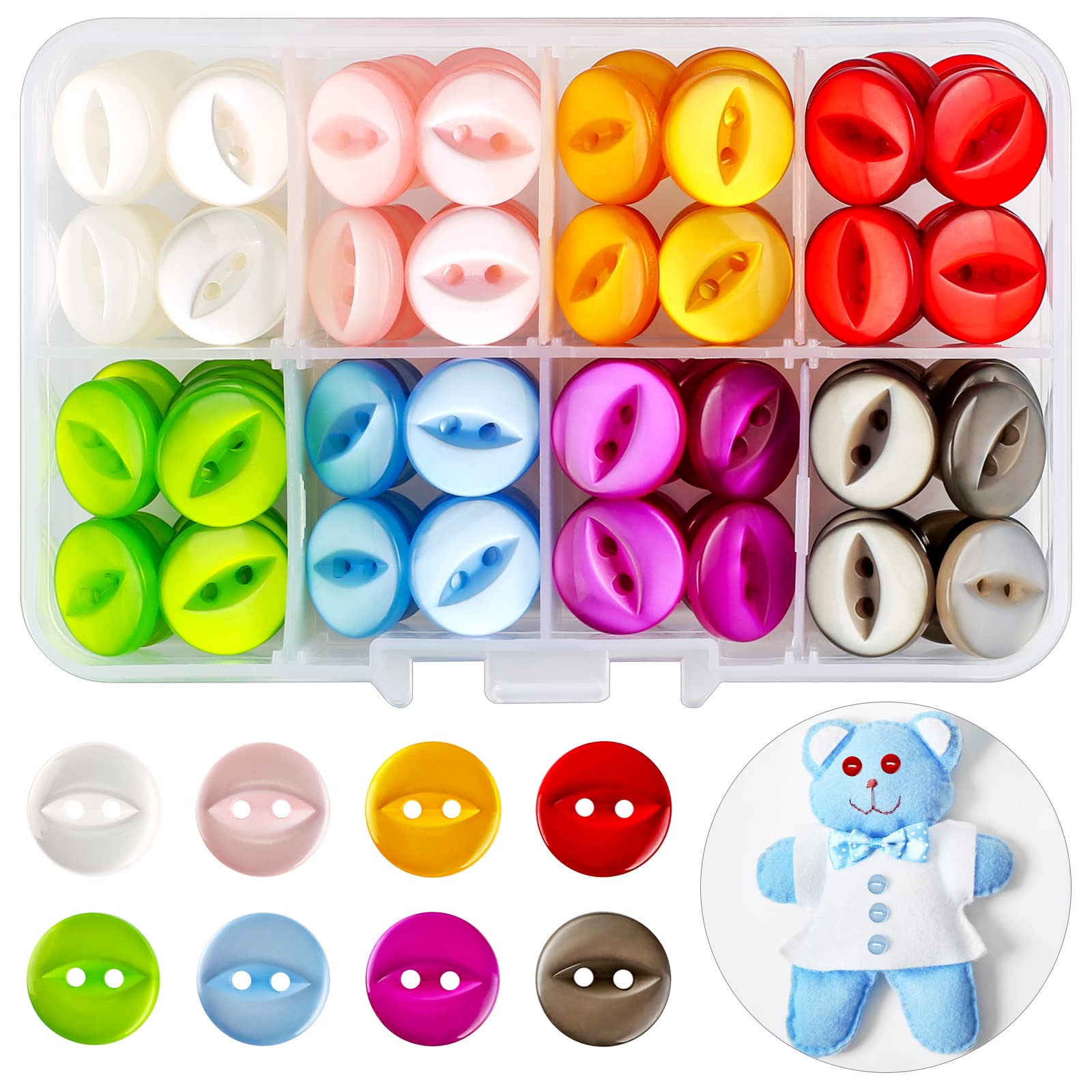 160 Pcs Baby Buttons, Round Fish Eye Buttons, 8 Colors Resin Button with Storage for Cardigans, Sewing, Knitting, Crafts, DIY Handmade, 2 Hole 14mm