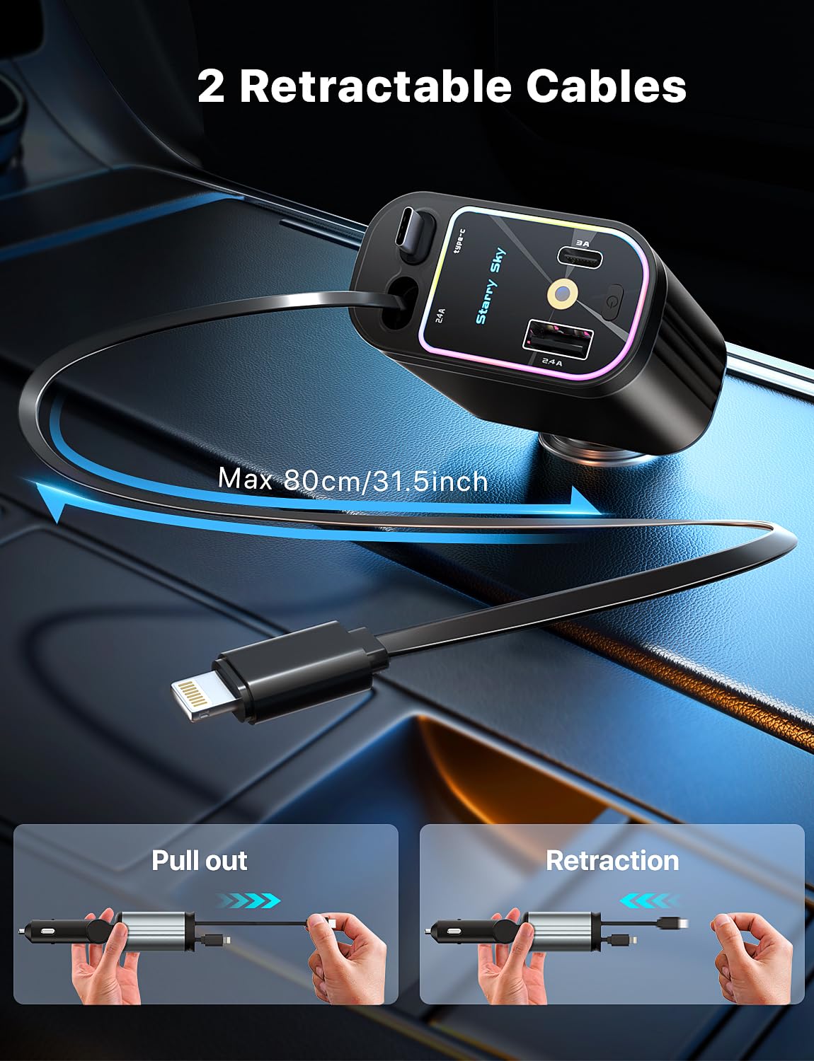 Starlight Retractable Car Charger with Retractable Cables, Starlight in Car Roof 4 in 1 Super Fast Car Phone Charger, 2 USB Ports Starry Sky Adapter, Compatible with iPhone 15 14 13