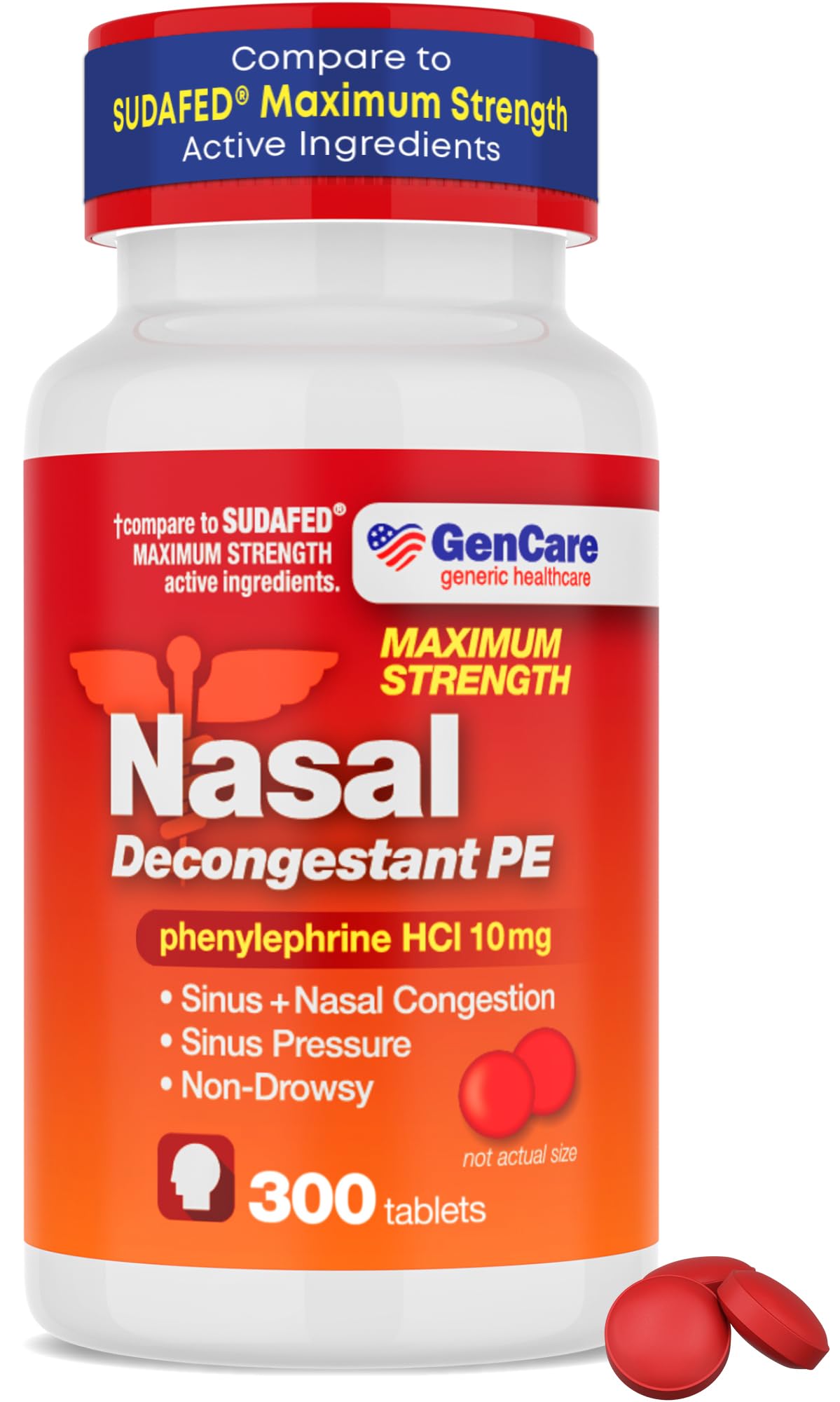 GenCare - Nasal Decongestant (10mg Tablets) Phenylephrine HCl (300 Tablets Per Bottle) | Value Pack Non Drowsy Sinus and Nasal Congestion Relief | Lower Sinus Pressure Due to Allergies or Illness