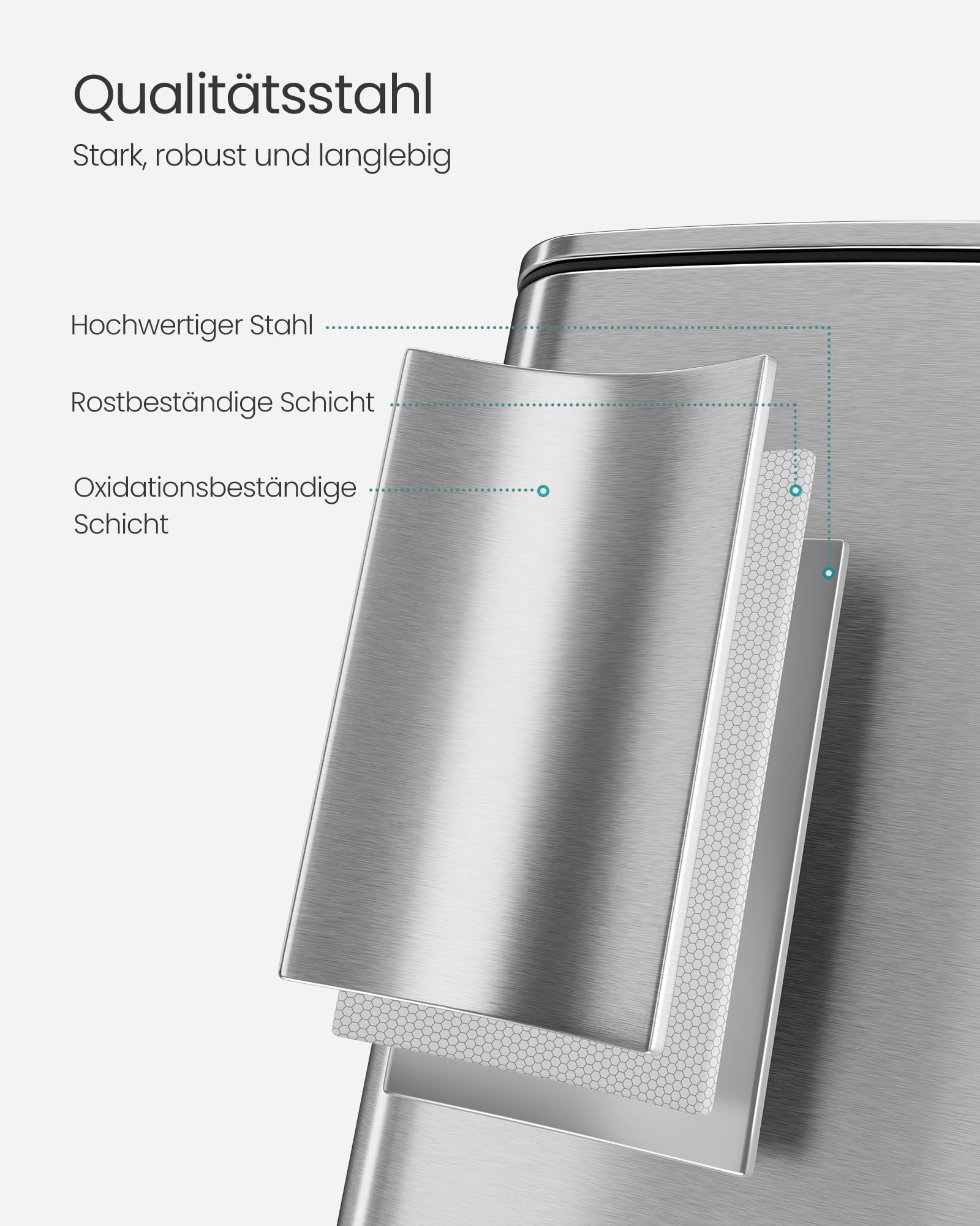 SONGMICS Mülleimer Küche, 30 Liter Abfalleimer, Tretmülleimer, Stahl, mit Inneneimer, Softclose, Offenhaltefunktion, metallicsilber LTB593E01 4