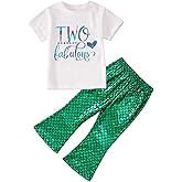 Toddler Girl Birthday Mermaid Outfits 2nd 3rd 4th Birthday Short Sleeve T-Shirt Shiny Flared Pant Set Summer Clothes